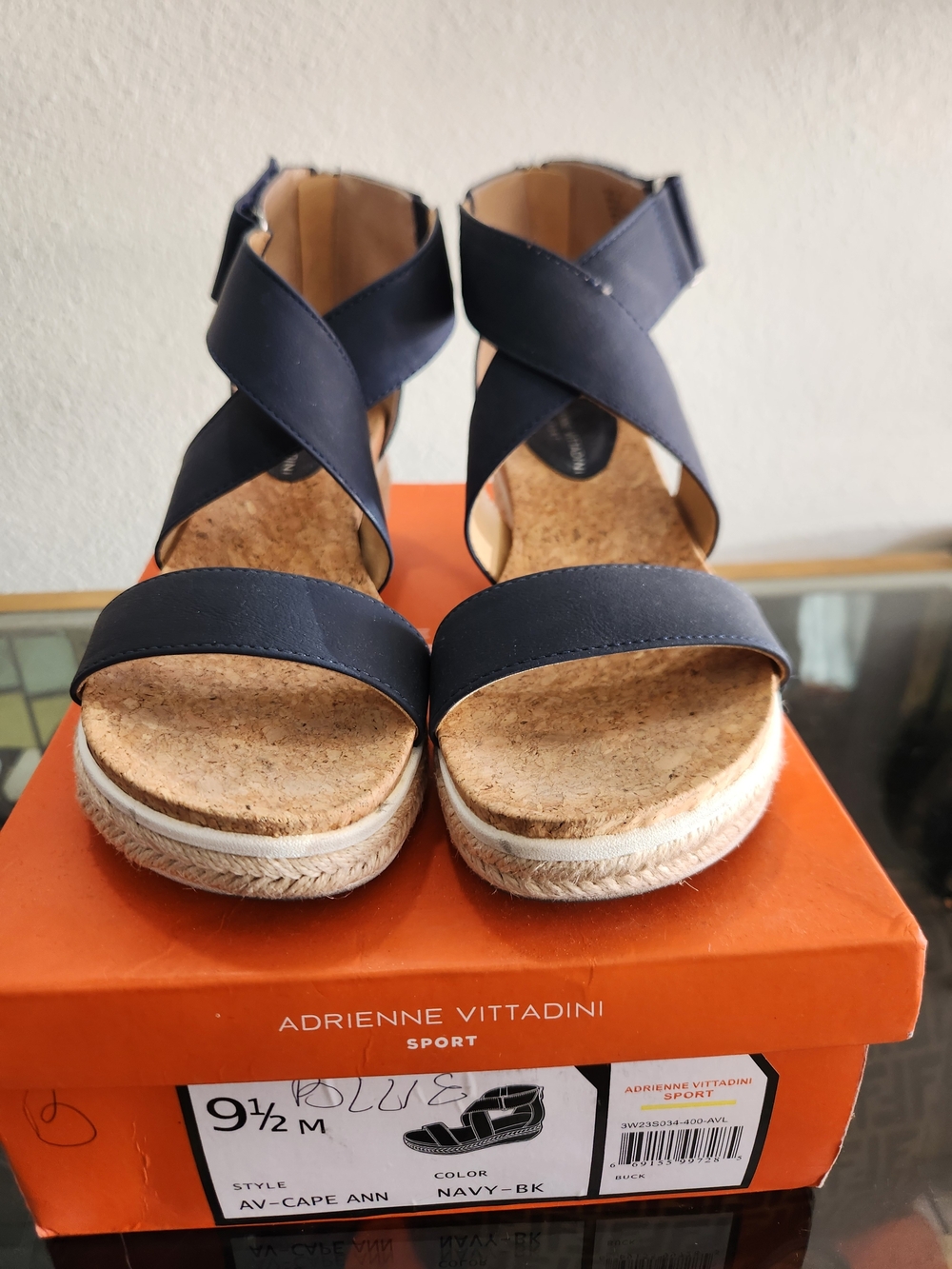 Adrienne Vittadini Navy Crossband Cork Wedge Sandals